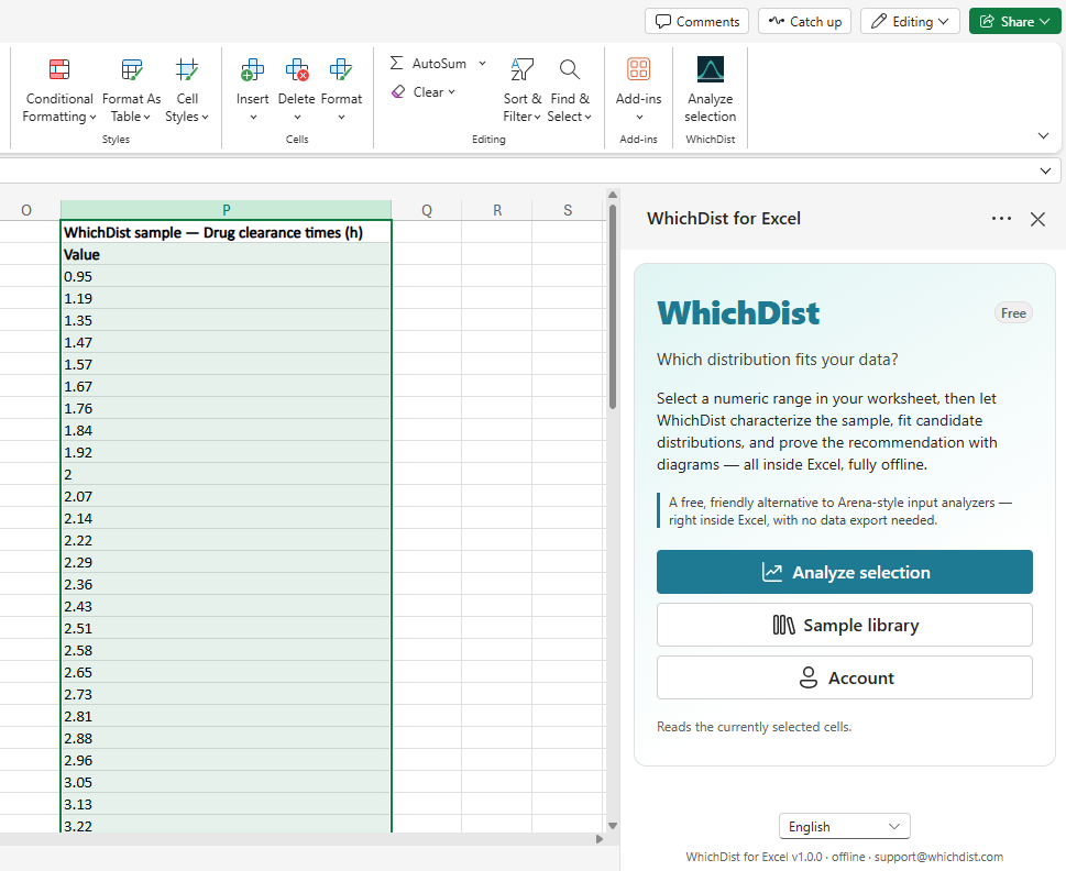 Excel with a numeric column selected and the WhichDist ribbon button