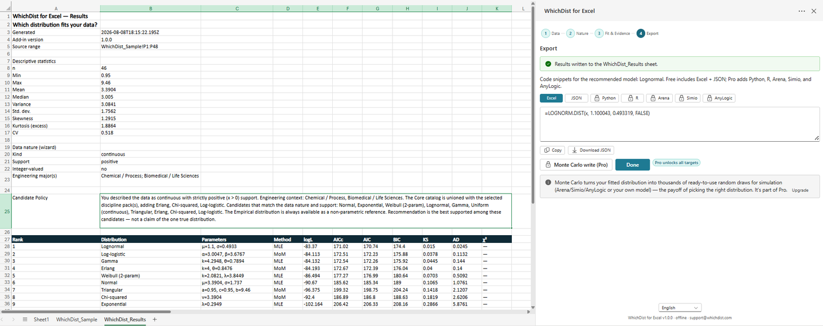 The export pane and the WhichDist_Results sheet